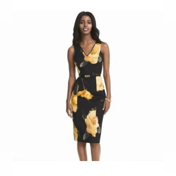 White House Black Market Dresses & Skirts - White House Black Market Black and Yellow Floral Midi Dress with belt V N NWOT